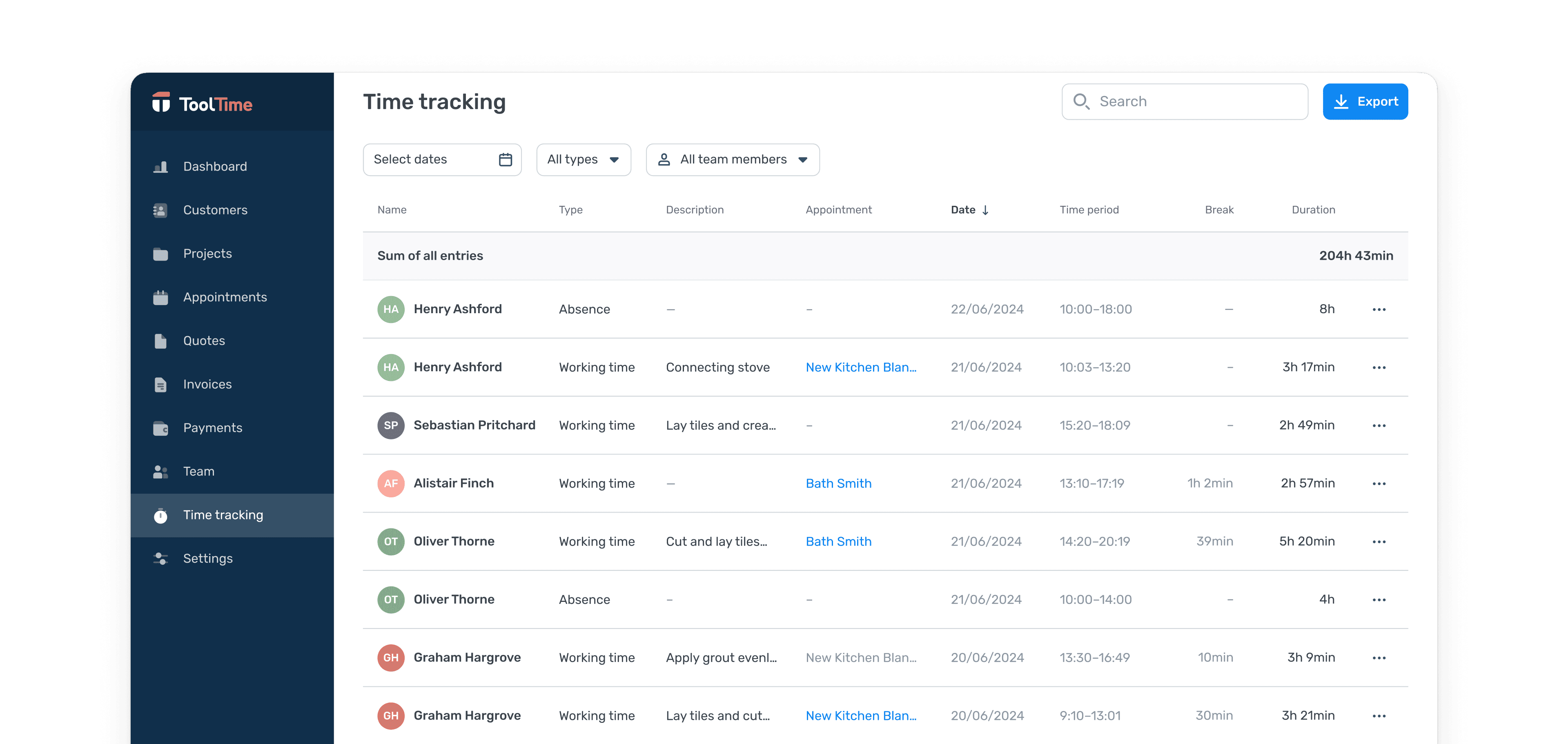 Filterable time tracking table for web with date, entry type, employee and appointment filters