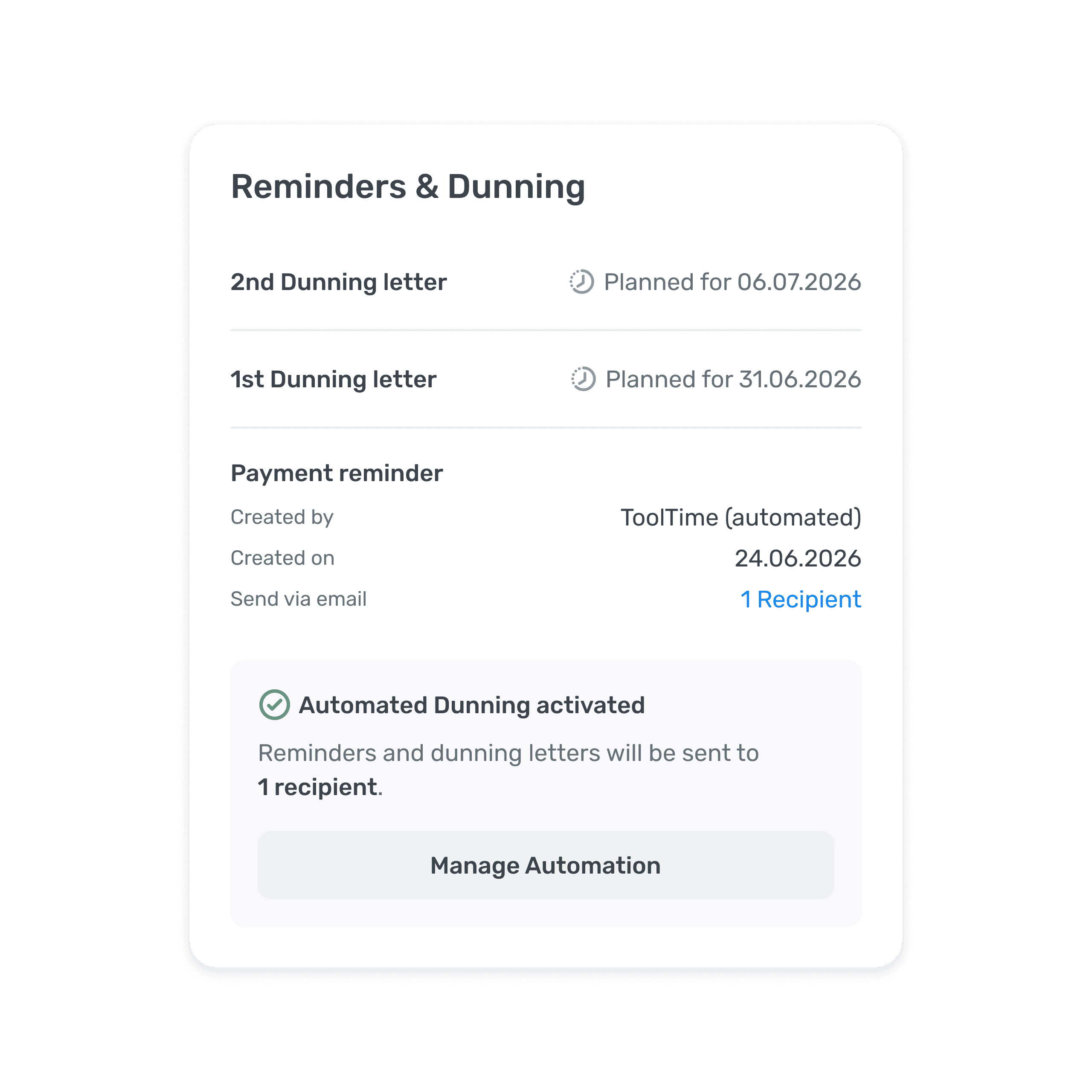 Sidebar card showing upcoming dunning stages and send dates